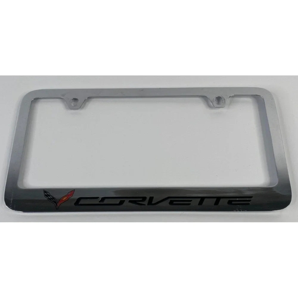 C7 Corvette License Plate Frame w/Crossed Flags Logo - Chrome